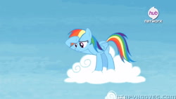 Size: 640x360 | Tagged: safe, imported from derpibooru, screencap, rainbow dash, pegasus, pony, season 4, twilight's kingdom, cloud, female, frown, hub logo, logo, mare, on a cloud, solo, the hub, watermark, worried