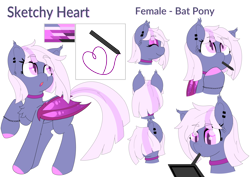 Size: 7658x5417 | Tagged: safe, artist:gnashie, imported from derpibooru, oc, oc only, oc:sketchy heart, bat pony, pony, :o, absurd resolution, bat pony oc, bracelet, chest fluff, choker, colored hooves, cutie mark, drawing, drawing tablet, ear fluff, ear piercing, ear tufts, earring, eyebrows, eyebrows visible through hair, eyes closed, eyeshadow, female, full body, hooves, jewelry, makeup, mare, mouth hold, open mouth, piercing, raised hoof, reference sheet, simple background, slit pupils, smiling, solo, standing, tablet, tablet pen, tail, text, thinking, two toned mane, two toned tail, white background, wings