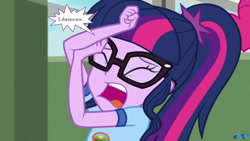 Size: 1863x1048 | Tagged: safe, artist:fab3716, edit, edited screencap, imported from derpibooru, screencap, sci-twi, twilight sparkle, human, equestria girls, legend of everfree, female, french, glasses, open mouth, show accurate, show accurate porn, solo, speech bubble, translated in the description