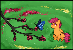 Size: 696x473 | Tagged: safe, artist:jroxs12pone, imported from derpibooru, scootaloo, butterfly, pegasus, pony, cute, cutealoo, female, filly, foal, looking up, meadow, no pupils, redraw, sitting, solo, tree branch