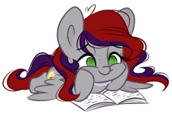 Size: 2430x1605 | Tagged: safe, artist:emberslament, imported from derpibooru, oc, oc only, oc:evening prose, pegasus, pony, book, eyebrows, eyebrows visible through hair, female, freckles, hooves on cheeks, jewelry, lying down, mare, necklace, no pupils, pearl necklace, pegasus oc, prone, simple background, solo, tail, transparent background, two toned mane, two toned tail, wings