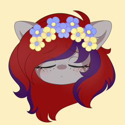 Size: 2000x2000 | Tagged: safe, artist:yomechka, imported from derpibooru, oc, oc only, oc:evening prose, pegasus, pony, eyes closed, female, floral head wreath, flower, freckles, jewelry, mare, necklace, pearl necklace