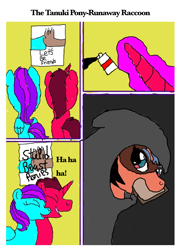 Size: 768x1024 | Tagged: safe, imported from derpibooru, earth pony, hybrid, pegasus, pony, raccoon, raccoon pony, unicorn, bna: brand new animal, butt, comic, plot, ponified