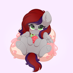 Size: 2000x2000 | Tagged: safe, artist:yomechka, imported from derpibooru, oc, oc only, oc:evening prose, oc:strawberry jam, pegasus, pony, blushing, bread, ear fluff, eyebrows, eyebrows visible through hair, eyelashes, feathered wings, female, folded wings, food, freckles, green eyes, high res, jewelry, looking at you, lying down, mare, necklace, on back, pearl necklace, pink background, red hair, simple background, sitting, solo, strawberry, underhoof, wings
