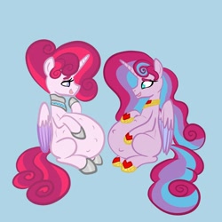 Size: 2048x2048 | Tagged: safe, artist:chelseawest, imported from derpibooru, oc, oc:mi amore rose heart, oc:mi amore ruby heart, alicorn, alicorn oc, alternate universe, belly, bonding, cute, female, hoof on belly, horn, hyper, hyper belly, hyper pregnancy, impossibly large belly, kicking, mother and child, mother and daughter, multiple pregnancy, ocbetes, offspring, offspring's offspring, parent:oc:glimmering shield, parent:oc:mi amore rose heart, parent:oc:silk tie, parent:princess flurry heart, parents:canon x oc, parents:oc x oc, petalverse, pregnant, sitting, wings