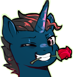 Size: 1159x1159 | Tagged: safe, artist:cold-blooded-twilight, imported from derpibooru, oc, oc:slashing prices, pony, unicorn, commission, cowlick, eyebrows, flower, flower in mouth, horn, icon, looking at you, male, mouth hold, one eye closed, rose, rose in mouth, simple background, smiling, smirk, solo, stallion, teeth, transparent background, unicorn oc, wink