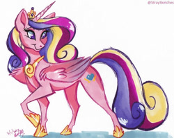 Size: 600x478 | Tagged: safe, artist:stray-sketches, imported from derpibooru, princess cadance, alicorn, pony, female, looking back, mare, prismacolors, simple background, smiling, solo, traditional art, white background