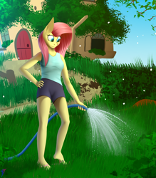 Size: 3500x4000 | Tagged: safe, artist:skanim-sdw, imported from derpibooru, fluttershy, anthro, plantigrade anthro, comic:troubles of being breezie, clothes, comic, commission, feet, female, flip-flops, fluttershy's cottage, garden, grass, heel pop, sandals, shorts, unaware, water, water hose