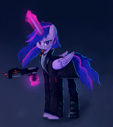 Size: 1158x1298 | Tagged: safe, artist:menalia, imported from derpibooru, twilight sparkle, alicorn, cyborg, cyborg pony, pony, the last problem, boots, clothes, coat, crazy face, cyberpunk, dark background, faic, gun, long mane, magic, magic aura, older, older twilight, pants, princess twilight 2.0, shoes, shotgun, simple background, twilight sparkle (alicorn), weapon