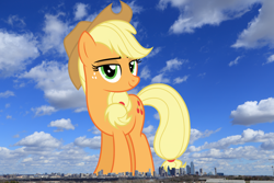 Size: 1900x1267 | Tagged: safe, artist:dashiesparkle, artist:thegiantponyfan, imported from derpibooru, applejack, earth pony, pony, applejack's hat, cowboy hat, dallas, female, freckles, giant pony, giant/macro earth pony, giantess, hat, highrise ponies, irl, looking at you, macro, mare, mega applejack, mega giant, photo, ponies in real life, smiling, stetson, story included, texas