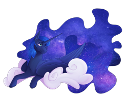 Size: 4000x3000 | Tagged: safe, artist:cerulean-crow, imported from derpibooru, princess luna, alicorn, pony, cloud, female, flowing mane, high res, lidded eyes, lying down, lying on a cloud, mare, missing accessory, on a cloud, prone, simple background, smiling, solo, transparent background