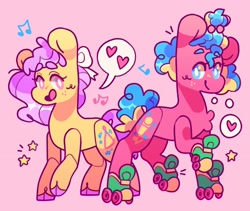 Size: 2638x2222 | Tagged: safe, artist:cocopudu, imported from derpibooru, oc, oc only, earth pony, pony, duo, female, g1, heart, mare, music notes, open mouth, open smile, pictogram, pink background, roller skates, simple background, smiling, stars, white pupils