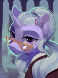 Size: 1560x2100 | Tagged: safe, artist:cadillac-dynamite, imported from derpibooru, sugarcoat, pony, unicorn, equestria at war mod, bust, clothes, crystal prep academy uniform, equestria girls ponified, female, glasses, ponified, portrait, school uniform, shadowbolts, solo