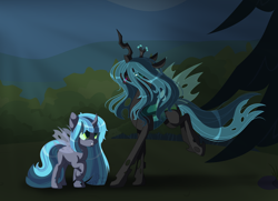 Size: 4536x3288 | Tagged: safe, artist:stormcloud-yt, imported from derpibooru, queen chrysalis, oc, changeling queen, pony, base used, changeling queen oc, duo, outdoors, parent:queen chrysalis