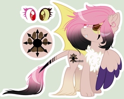 Size: 2929x2353 | Tagged: safe, artist:mint-light, artist:stormcloud-yt, imported from derpibooru, oc, oc only, draconequus, hybrid, base used, bat wings, chest fluff, draconequus oc, ear fluff, eyelashes, heterochromia, interspecies offspring, looking back, offspring, one wing out, parent:discord, parent:fluttershy, parents:discoshy, paw prints, simple background, solo, wings