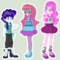 Size: 581x588 | Tagged: safe, artist:stormcloud-yt, imported from derpibooru, oc, oc only, equestria girls, bags under eyes, base used, clothes, equestria girls-ified, female, grin, heterochromia, high heels, male, offspring, parent:party favor, parent:pinkie pie, parents:partypie, shoes, simple background, skirt, smiling