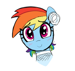 Size: 1104x1056 | Tagged: safe, artist:_ton618_, imported from derpibooru, rainbow dash, pegasus, pony, aggie.io, blushing, bust, clothes, dress, female, flower, flower in hair, looking at you, mare, portrait, simple background, smiling, solo, wedding dress, white background