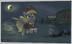 Size: 346x212 | Tagged: safe, artist:pabbley, imported from derpibooru, derpy hooves, pegasus, pony, whale, aggie.io, boat, clothes, desert, flying, hat, lighthouse, lowres, mail, mailbag, moon, night, night sky, ocean, simple background, sky, smiling, solo, spread wings, stars, water, wings