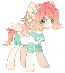 Size: 1024x1153 | Tagged: safe, artist:miioko, imported from derpibooru, oc, oc only, pegasus, pony, clothes, deviantart watermark, flower, flower in hair, obtrusive watermark, pegasus oc, simple background, smiling, solo, watermark, white background, wings