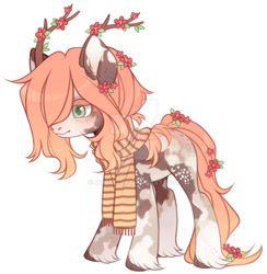 Size: 1024x1050 | Tagged: safe, artist:miioko, imported from derpibooru, oc, oc only, pony, antlers, clothes, deviantart watermark, hair over one eye, obtrusive watermark, scarf, simple background, solo, watermark, white background