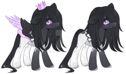 Size: 1024x606 | Tagged: safe, artist:miioko, imported from derpibooru, oc, oc only, earth pony, pegasus, pony, colored wings, crown, deviantart watermark, earth pony oc, female, hair over one eye, jewelry, mare, obtrusive watermark, pegasus oc, regalia, simple background, solo, two toned wings, watermark, white background, wings