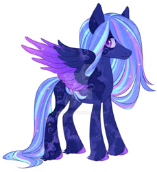 Size: 1024x1117 | Tagged: safe, artist:miioko, imported from derpibooru, oc, oc only, pegasus, pony, deviantart watermark, ethereal mane, hair over one eye, obtrusive watermark, pegasus oc, simple background, solo, starry mane, starry wings, watermark, white background, wings