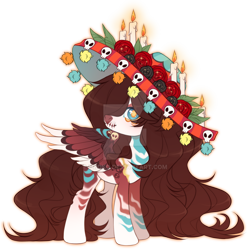 Size: 1024x1029 | Tagged: safe, artist:miioko, imported from derpibooru, oc, oc only, pegasus, pony, deviantart watermark, dia de los muertos, female, flower, hat, looking back, mare, obtrusive watermark, pegasus oc, rose, simple background, skull, solo, transparent background, watermark