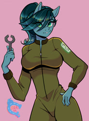 Size: 947x1280 | Tagged: safe, artist:paintedcora, imported from derpibooru, oc, oc only, anthro, earth pony, breasts, clothes, digital art, eye clipping through hair, female, hand on hip, jumpsuit, looking at you, smiling, smiling at you, solo