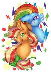 Size: 1024x1449 | Tagged: safe, artist:maneblue, imported from derpibooru, applejack, rainbow dash, earth pony, pegasus, pony, apple, bust, chest fluff, duo, ear fluff, female, food, grin, hat, mare, rainbow power, simple background, smiling, transparent background