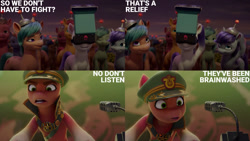 Size: 1280x720 | Tagged: safe, edit, edited screencap, editor:quoterific, imported from derpibooru, screencap, sprout cloverleaf, earth pony, pony, spoiler:my little pony: a new generation, anti-mind reading cap, coat markings, comic, dialogue, female, g5, group, male, mare, maretime bay, microphone, my little pony: a new generation, open mouth, pega-periscope goggles, sheriff's badge, smiling, socks (coat markings), sparkle chaser, stallion, text, unnamed character, unnamed pony