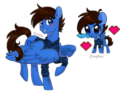 Size: 1024x768 | Tagged: safe, artist:kaikururu, imported from derpibooru, oc, oc only, pegasus, pony, chibi, clothes, duo, heart, male, mouth hold, pegasus oc, raised hoof, simple background, stallion, sword, transparent background, weapon, wings