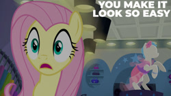 Size: 1280x720 | Tagged: safe, edit, edited screencap, editor:quoterific, imported from derpibooru, screencap, fluttershy, pegasus, pony, fake it 'til you make it, season 8, clothes, dress, female, mannequin, mare, open mouth, solo, text