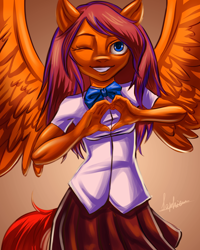 Size: 1920x2400 | Tagged: artist needed, safe, imported from derpibooru, oc, oc:lucky, anthro, pegasus, blouse, bowtie, clothes, crossdressing, heart hands, looking at you, one eye closed, pegasus oc, school uniform, skirt, spread wings, wings, wink, winking at you