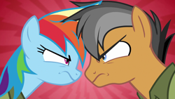 Size: 1920x1080 | Tagged: safe, imported from derpibooru, screencap, quibble pants, rainbow dash, earth pony, pegasus, pony, season 6, stranger than fan fiction, angry, duo, female, looking at each other, looking at someone, male, mare, red background, simple background, stallion