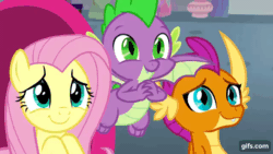 Size: 640x360 | Tagged: safe, imported from derpibooru, screencap, fluttershy, smolder, spike, dragon, pegasus, pony, season 9, sweet and smoky, animated, cute, daaaaaaaaaaaw, dilated pupils, dragoness, female, flying, gif, gifs.com, grin, male, mare, puppy dog eyes, school of friendship, shyabetes, smiling, smolderbetes, spikabetes, spread wings, trio, winged spike, wings