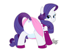 Size: 2360x1640 | Tagged: safe, artist:mommymidday, imported from derpibooru, rarity, pony, unicorn, clothes, diaper, diaper fetish, dress, fetish, looking at you, looking back, looking back at you, non-baby in diaper, show accurate, simple background, skirt, tail, tail hole, transparent background, upskirt