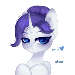 Size: 1024x1024 | Tagged: safe, artist:etter, imported from derpibooru, rarity, pony, unicorn, alternate hairstyle, blushing, bust, colored pupils, cute, eyebrows, female, heart, horn, mare, new hairstyle, portrait, simple background, solo, watermark, white background