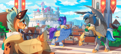 Size: 4000x1778 | Tagged: safe, artist:redchetgreen, imported from derpibooru, oc, oc only, oc:cloud zapper, oc:stephen wintre, oc:windy dripper, pegasus, pony, armor, castle, female, male, rearing, royal guard, slim, stallion, straight, town