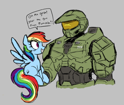 Size: 762x645 | Tagged: safe, artist:_ton618_, imported from derpibooru, rainbow dash, pegasus, pony, aggie.io, armor, duo, excited, female, fortnite, gray background, halo (series), helmet, holding a pony, mare, master chief, mistake, open mouth, simple background, sitting, smiling, spread wings, wingboner, wings