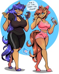 Size: 1400x1750 | Tagged: safe, artist:paintedcora, imported from derpibooru, oc, oc only, anthro, earth pony, unguligrade anthro, belly button, big breasts, breasts, bubble tea, clothes, commission, dialogue, digital art, duo, duo female, female, lesbian, looking at each other, looking at someone, oc x oc, shipping, shirt, shorts, speech bubble, sports bra, sports shorts, tail, talking, text, thighs, vulgar, walking, wide hips