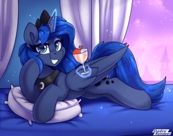 Size: 2100x1650 | Tagged: safe, artist:shadowreindeer, imported from derpibooru, princess luna, alicorn, pony, comparison, cute, draw me like one of your french girls, draw this again, female, folded wings, glass, large wings, looking at you, lunabetes, mare, pillow, redraw, solo, wine glass, wings