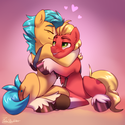 Size: 3000x3000 | Tagged: safe, artist:jedayskayvoker, imported from derpibooru, hitch trailblazer, sprout cloverleaf, earth pony, pony, blushing, chest fluff, cute, duo, duo male, ear fluff, eyebrows, eyes closed, floating heart, g5, gay, gradient background, heart, high res, hitchsprout, hooves, hug, lidded eyes, male, shipping, sitting, smiling, stallion, unshorn fetlocks