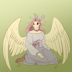 Size: 2048x2048 | Tagged: safe, artist:unfinishedheckery, imported from derpibooru, fluttershy, anthro, draconequus, unguligrade anthro, fanfic:my little pony: the unexpected future, antlers, breasts, busty fluttershy, clothes, digital art, draconequified, female, flutterequus, horn, kneeling, looking at you, shirt, simple background, skirt, solo, species swap, spread wings, wings