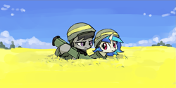 Size: 1175x590 | Tagged: safe, artist:plunger, imported from derpibooru, dj pon-3, octavia melody, vinyl scratch, earth pony, pony, unicorn, angry, clothes, cloud, current events, duo, duo female, female, flower, flower field, helmet, hoof hold, horn, javelin, looking at someone, mare, octavia is not amused, rapeseed, rocket launcher, sky, tree, ukraine, unamused, war, weapon, yellow