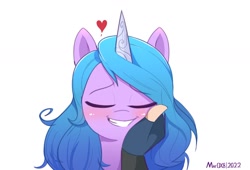 Size: 1992x1356 | Tagged: safe, artist:aceslingerexo, imported from derpibooru, izzy moonbow, human, pony, unicorn, blushing, bust, clothes, cute, eyes closed, female, fingerless gloves, full face view, g5, gloves, grin, hand, heart, izzybetes, mare, offscreen character, simple background, smiling, solo, white background