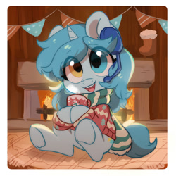 Size: 2000x2000 | Tagged: safe, artist:oofycolorful, imported from derpibooru, oc, oc only, oc:otakulight, pony, unicorn, clothes, female, fire, fireplace, headset, heterochromia, mug, scarf, solo, stockings, sweater, thigh highs