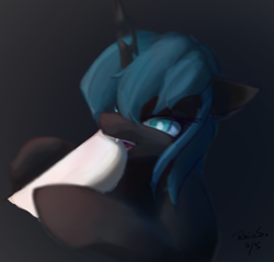 Size: 2259x2160 | Tagged: safe, artist:rainsketch, imported from derpibooru, queen chrysalis, changeling, changeling queen, pony, biting, black background, bust, disembodied hoof, fangs, female, high res, horn, mare, ponified animal photo, reference at source, signature, simple background, solo