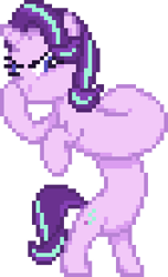 Size: 210x345 | Tagged: safe, artist:creepa-bot inc., imported from derpibooru, starlight glimmer, pony, unicorn, boop, crossing the memes, female, glimmerposting, long glimmer, long pony, mare, meme, pixel art, self-boop, simple background, smiling, smirk, solo, transparent background