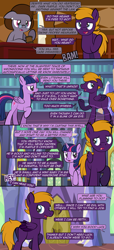 Size: 1920x4197 | Tagged: safe, artist:alexdti, imported from derpibooru, twilight sparkle, oc, oc:dark purple, oc:purple creativity, alicorn, earth pony, pegasus, pony, comic:the dark purple, comic, dialogue, female, floppy ears, folded wings, glasses, glowing, glowing horn, high res, hooves, horn, lidded eyes, looking at someone, looking away, looking back, male, mare, misspelling, offscreen character, open mouth, open smile, pegasus oc, raised eyebrow, raised hoof, rule 63, smiling, speech bubble, stallion, standing, tail, twilight sparkle (alicorn), twilight's castle, underhoof, wings