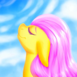 Size: 1500x1500 | Tagged: safe, artist:xvxcammyblossomxvx, imported from derpibooru, fluttershy, pegasus, pony, bust, eyes closed, female, floppy ears, mare, profile, sky, sky background, smiling, solo